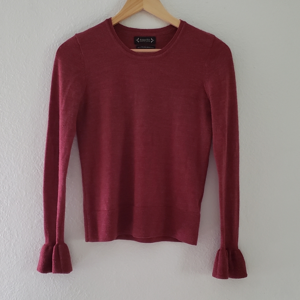 Nanette Lepore Merino Wool Sweater Ruffle Sleeve XS Extra Fine Merino Wool